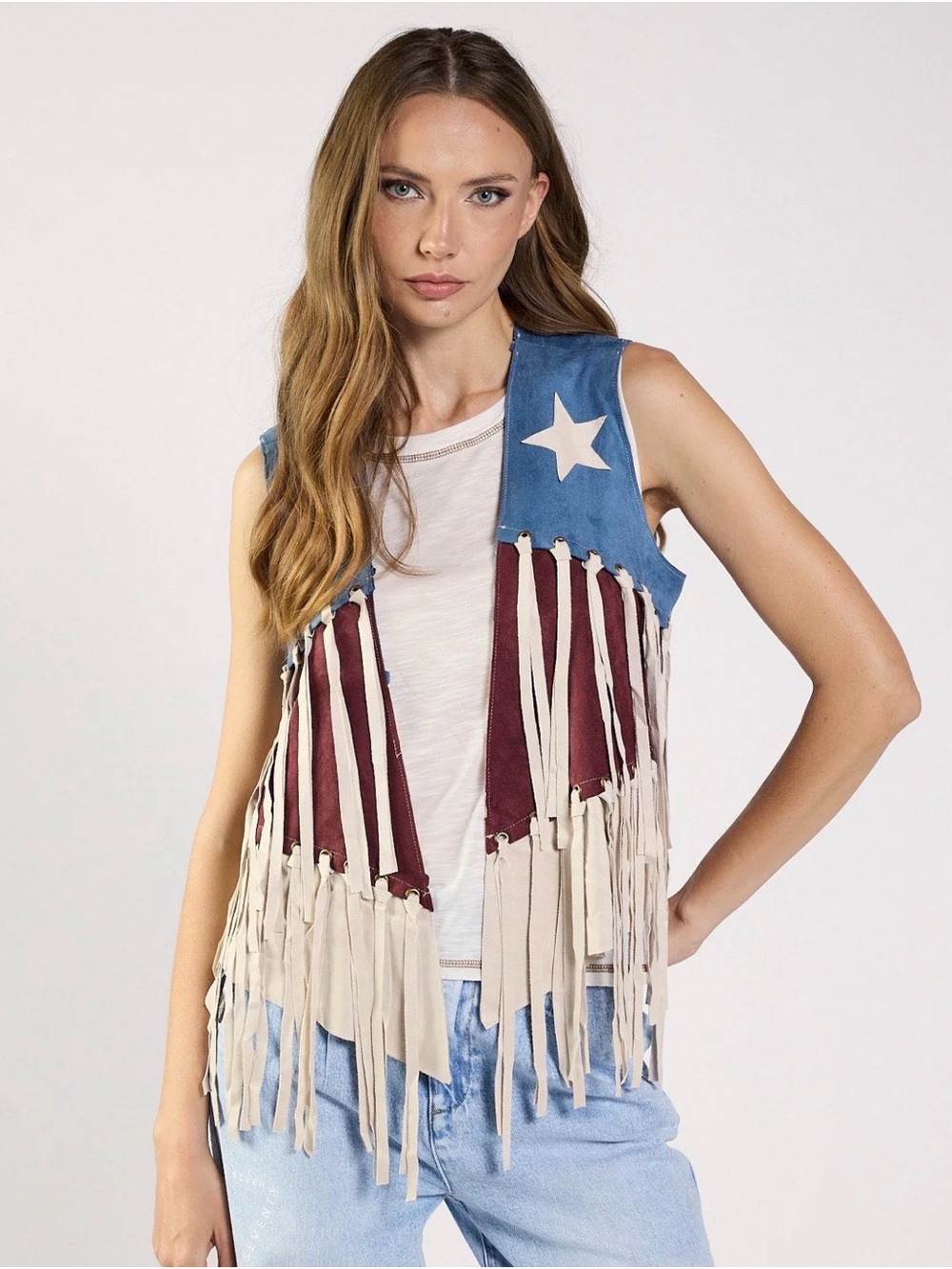 Fringed Americana Sleeveless Vest in Blue, Red & Cream
